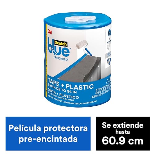 SCOTCH 3M Plástico Pre-Encintado para Pintar, Transparente 1 rollo | Tamaño 60.9 cm x 24.4 m, Protección contra derrames y salpicaduras, Para proyectos de pintura, Sin residuos pegajosos