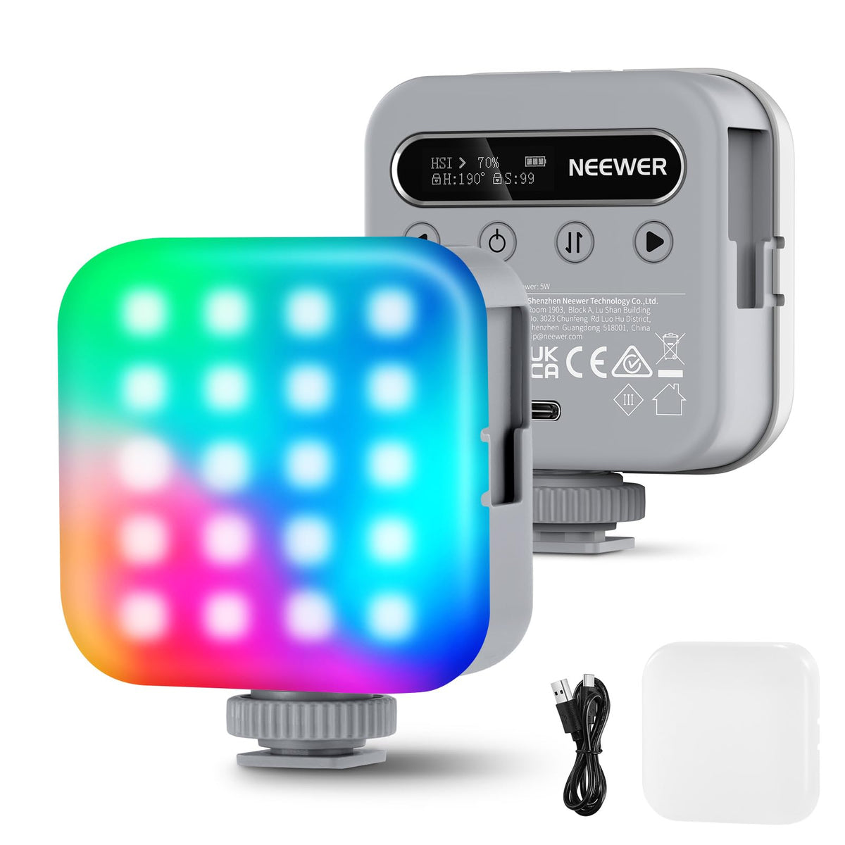 NEEWER Básico Luz Vídeo RGB Magnética Mini Luz Cámara 360° Todo Color CRI96+ 2500-9000K 18 Escenas 3 Zapatos Fría y 1/4" 2000mAh Portátil Recargable para Selfie/Trípode Fotografía Iluminación, BL60C