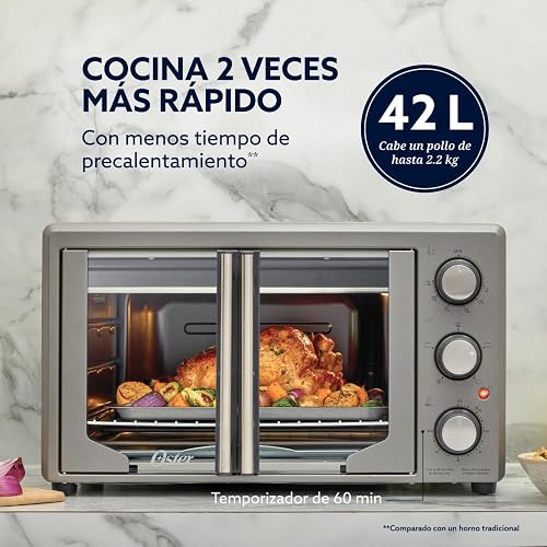 Oster Horno, con Freidora de Aire, de 42 L de Capacidad, con Interior Antiadherente, para Freír al Aire, Hornear, Asar, Tostar, Convección, Accesorios Incluidos, Color Gris, TSSTTV42FDMAFNS-013
