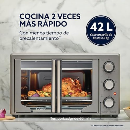 Oster Horno, con Freidora de Aire, de 42 L de Capacidad, con Interior Antiadherente, para Freír al Aire, Hornear, Asar, Tostar, Convección, Accesorios Incluidos, Color Gris, TSSTTV42FDMAFNS-013