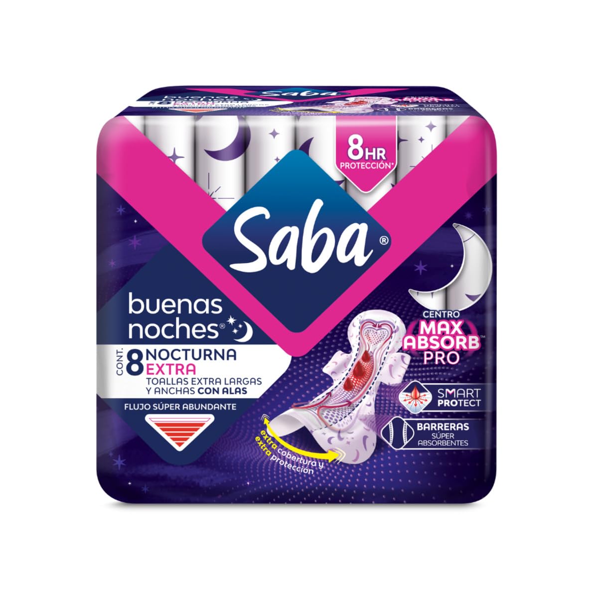 Saba Buenas Noches Extra, Toallas Femeninas Nocturnas Con Alas, Flujo Súper Abundante, 64 piezas