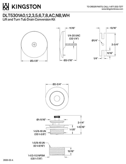 Kingston Brass DLT5301A2 Made to Match Lift & Turn Tub Drain Kit, Polished Brass