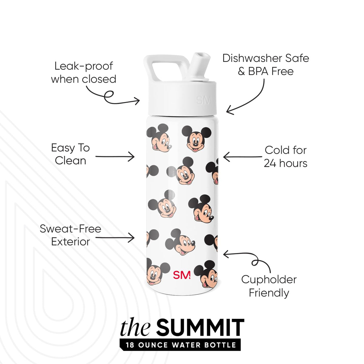 Simple Modern Summit - Botella de agua con tapa de popote, vaso de acero inoxidable aislado de 532 ml, para niños y niñas, para la escuela, diseño de caras de Mickey Mouse de Disney