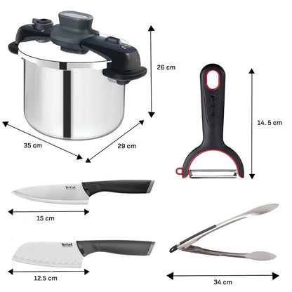 T-fal Súper Combo Premium con Olla a presión de Acero Compact Easy 6L + Set de dos cuchillos + Cucharón + Pinzas de cocina + Pelador, P3530733M