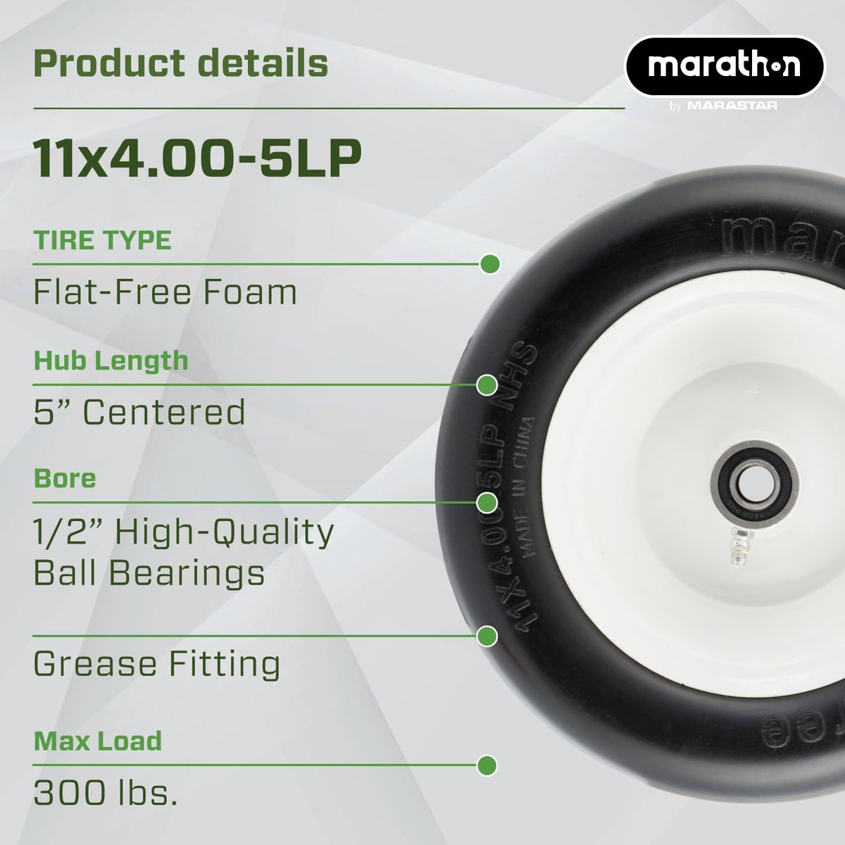 Marathon - Neumático para cortacésped sin plano de 11 x 4 a 5 pulgadas, cubeta de 5 pulgadas, rodamientos de 1/2 pulgadas