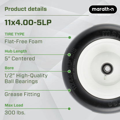Marathon - Neumático para cortacésped sin plano de 11 x 4 a 5 pulgadas, cubeta de 5 pulgadas, rodamientos de 1/2 pulgadas
