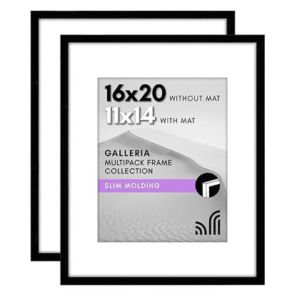 Americanflat - Marco de fotos de 16 x 20 pulgadas con plexiglás pulido, juego de 2 unidades, uso como marco de 11 x 14 pulgadas con tapete o marco de 16 x 20 pulgadas sin tapete – Colección Galleria