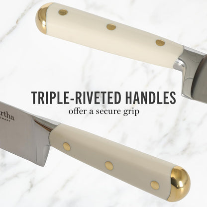 Martha Stewart Juego De Cuchillos Lockton 16 Piezas | Acero Inoxidable De Alto Carbono, Mango Forjado De ABS, Bloque De Madera De Acacia, Blanco Y Dorado