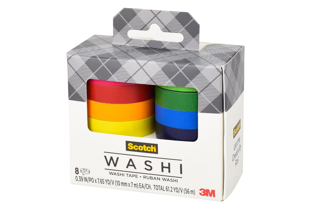 Scotch Washi - Cinta de color liso, diseño de arco iris, 8 rollos, ideal para diario de balas, álbumes de recortes y decoración de bricolaje (C1017-8-SOL1)