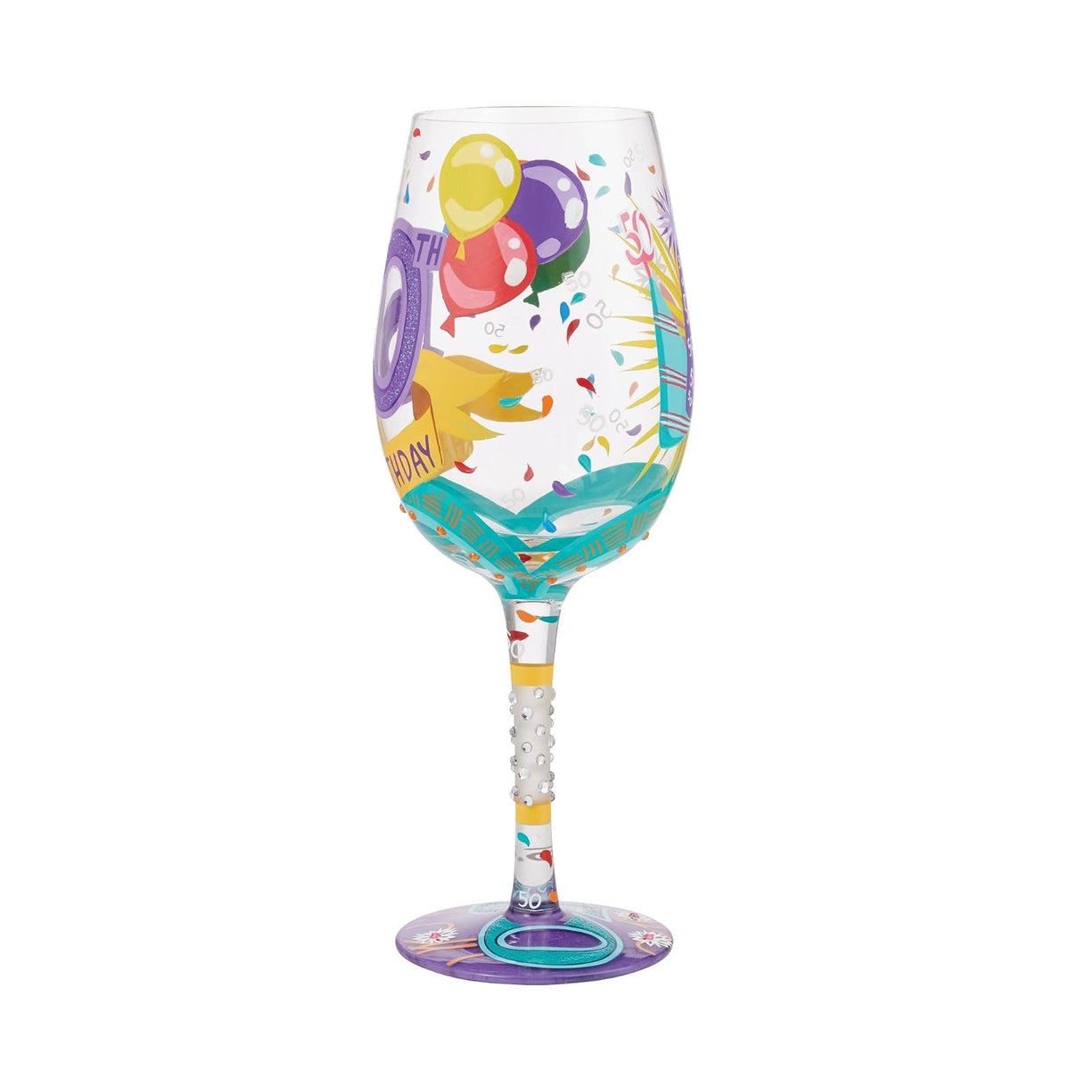 Enesco Designs by Lolita Happy 50th Birthday - Copa de vino artesanal pintada a mano, 15 onzas, multicolor