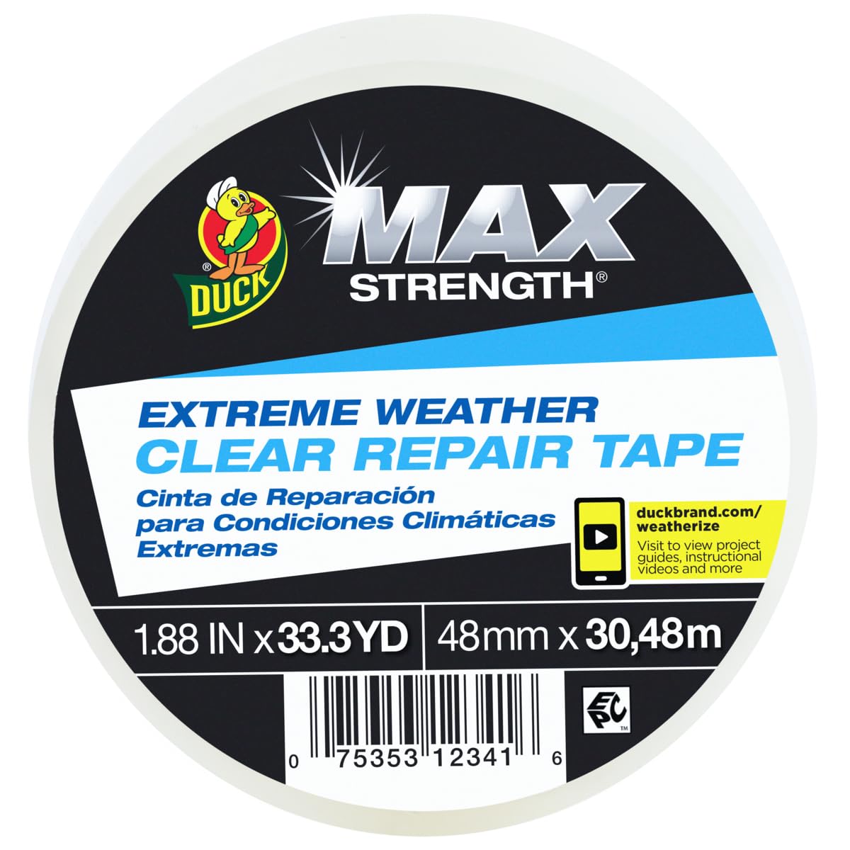 Duck Brand 281230 - Cinta de reparación para interiores y exteriores, resistente a la intemperie, transparente y resistente a los rayos UV, 1.88 pulgadas x 33.3 yardas, rollo único, 281230