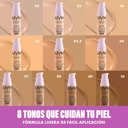 NYX Professional Makeup Bare With Me Concealer Serum, suero + corrector ligero de cobertura media con fórmula vegana, hidratación hasta por 24H, 9.6ml – Tono Sand (Arena)
