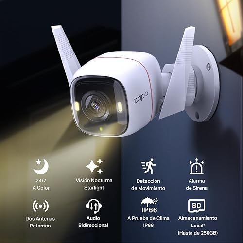 TP-Link Tapo C320WS Cámara de Seguridad WiFi Exterior - Resolución 2K - Cobertura 360° - Visión Nocturna a Color - Detección de Movimiento - Alarma de Luz y Sonido - 512GB - App Tapo - Protección IP66