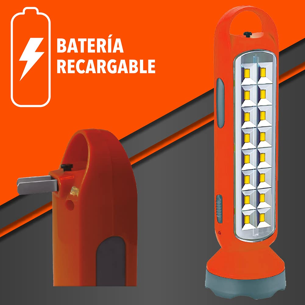 Tecnolite Lámpara LED Recargable Portátil, Linterna LED, 3 Horas de Uso, 250 m. de Distancia, 3 W, 100 - 240 V, 160 Lumens, Luz de Día 6 500 k, IP 20, Color: Naranja.