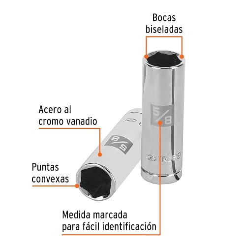Truper D-1220-50L, Dado de 6 puntas largo para bujía cuadro 1/2" standard 5/8"