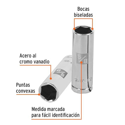 Truper D-1220-50L, Dado de 6 puntas largo para bujía cuadro 1/2" standard 5/8"