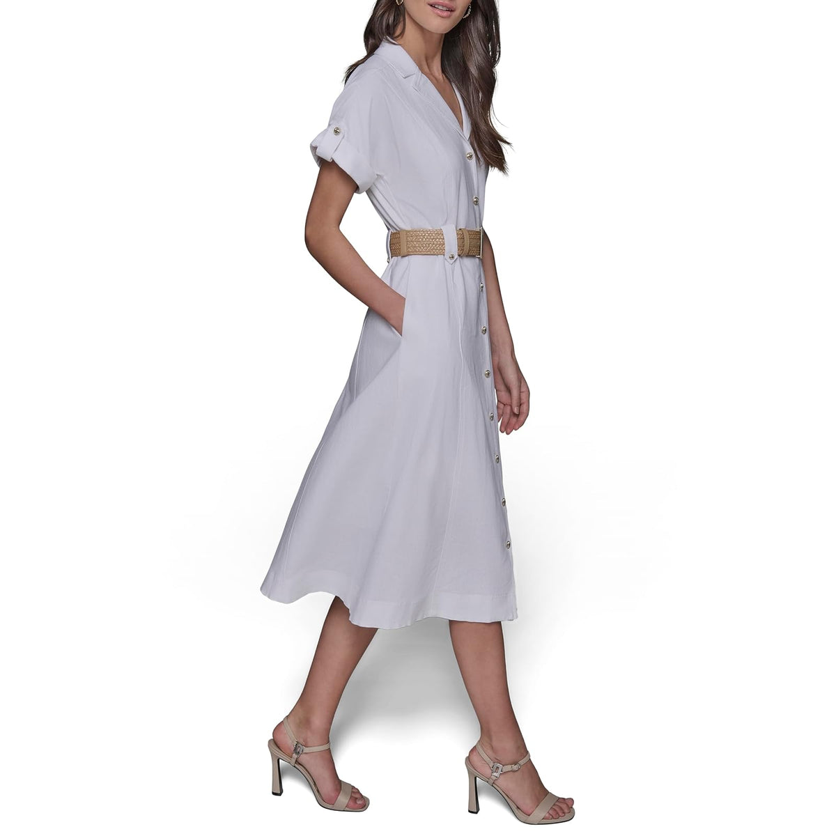 KARL LAGERFELD Light Collared Short Sleeve Midi Dress Vestido Mujer