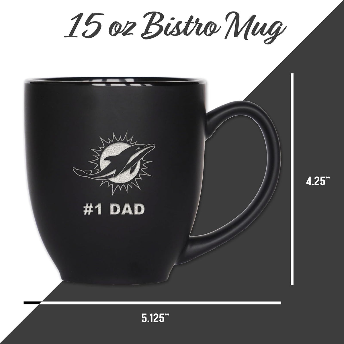 Rico Industries NFL Football Miami Dolphins #1 Dad - Taza de cerámica negra mate grabada con láser, para bebidas calientes o frías