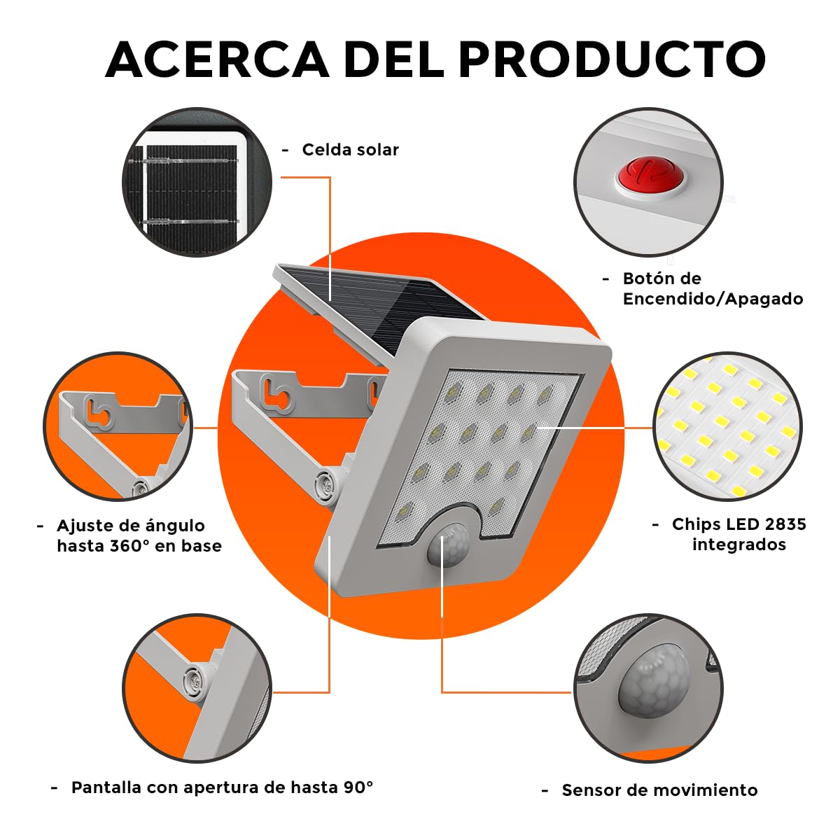 Tecnolite - Lámpara Solar LED 4 W, Luz de Día, Dirigible, Sensor de Movimiento, IP65