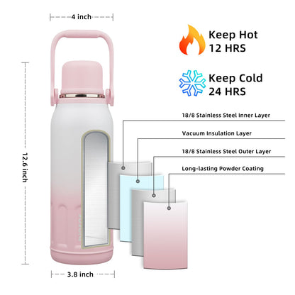 BJPKPK Botella de agua térmica aislada de 50 onzas con tapa y asa de transporte, apta para lavaplatos, botellas de agua de acero inoxidable para exteriores, perla rosa