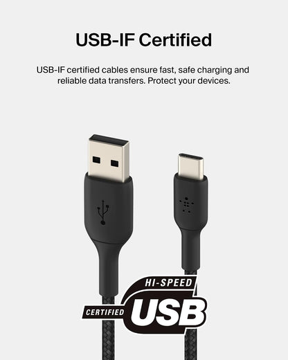 Belkin BoostCharge Cable de carga trenzado USB-C a USB-A (3.3 pies/1 m) para iPhone 15 Series, Samsung Galaxy S24 Series, Note20, Google Pixel 8 y 7, iPad Pro, Nintendo Switch y más, color negro
