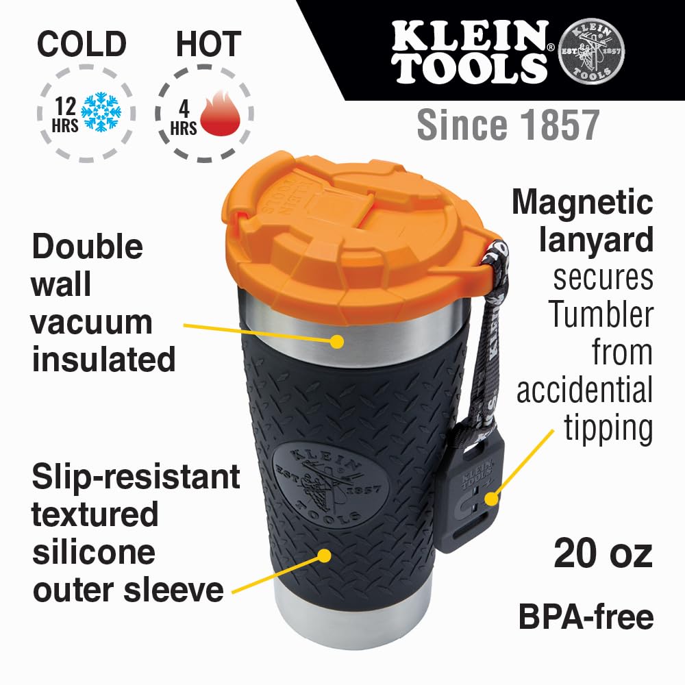 Klein Tools 55580 Vaso de acero inoxidable con tapa abatible, aislado de 597 ml, taza de vacío de doble pared Tradesman's con funda antideslizante