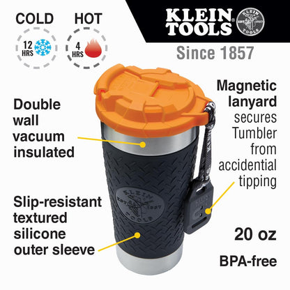 Klein Tools 55580 Vaso de acero inoxidable con tapa abatible, aislado de 597 ml, taza de vacío de doble pared Tradesman's con funda antideslizante