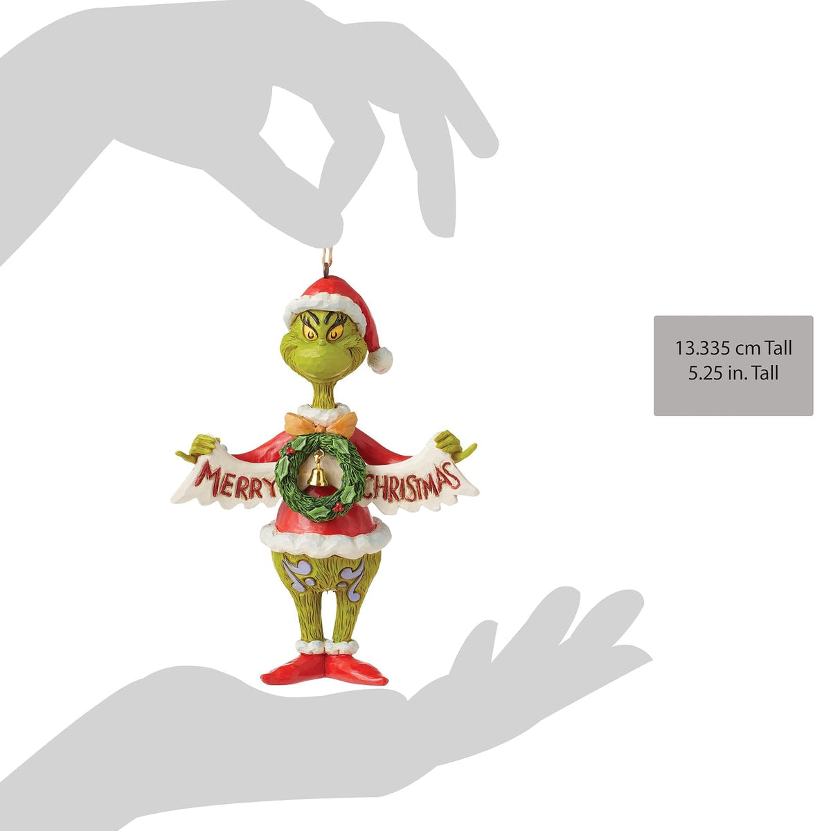 Enesco Dr. Seuss Grinch by Jim Shore Santa Grinch Holding Merry Christmas Banner Colgante Ornamento Colgante, Hecho a Mano, Pintado a Mano, Adornos coleccionables para árbol de Navidad, Regalo de