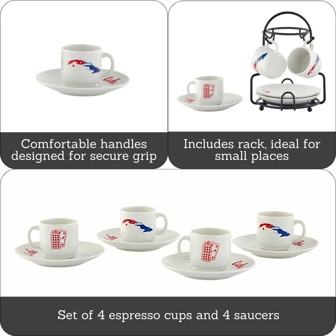 IMUSA Juego de 8 tazas de expreso de Cuba con platillos y estante de 1.5 oz