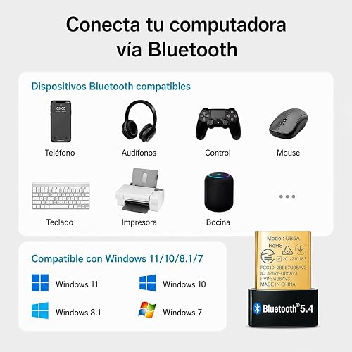 TP-Link UB5A, Adaptador Bluetooth 5.4 Compatible con Windows 11/10/8.1/8/Win 7/XP, para PC, Teclado, Mouse, Auriculares, Altavoces, Impresora