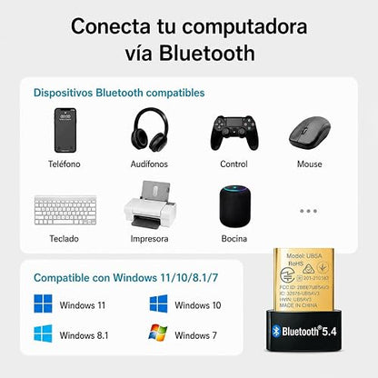TP-Link UB5A, Adaptador Bluetooth 5.4 Compatible con Windows 11/10/8.1/8/Win 7/XP, para PC, Teclado, Mouse, Auriculares, Altavoces, Impresora