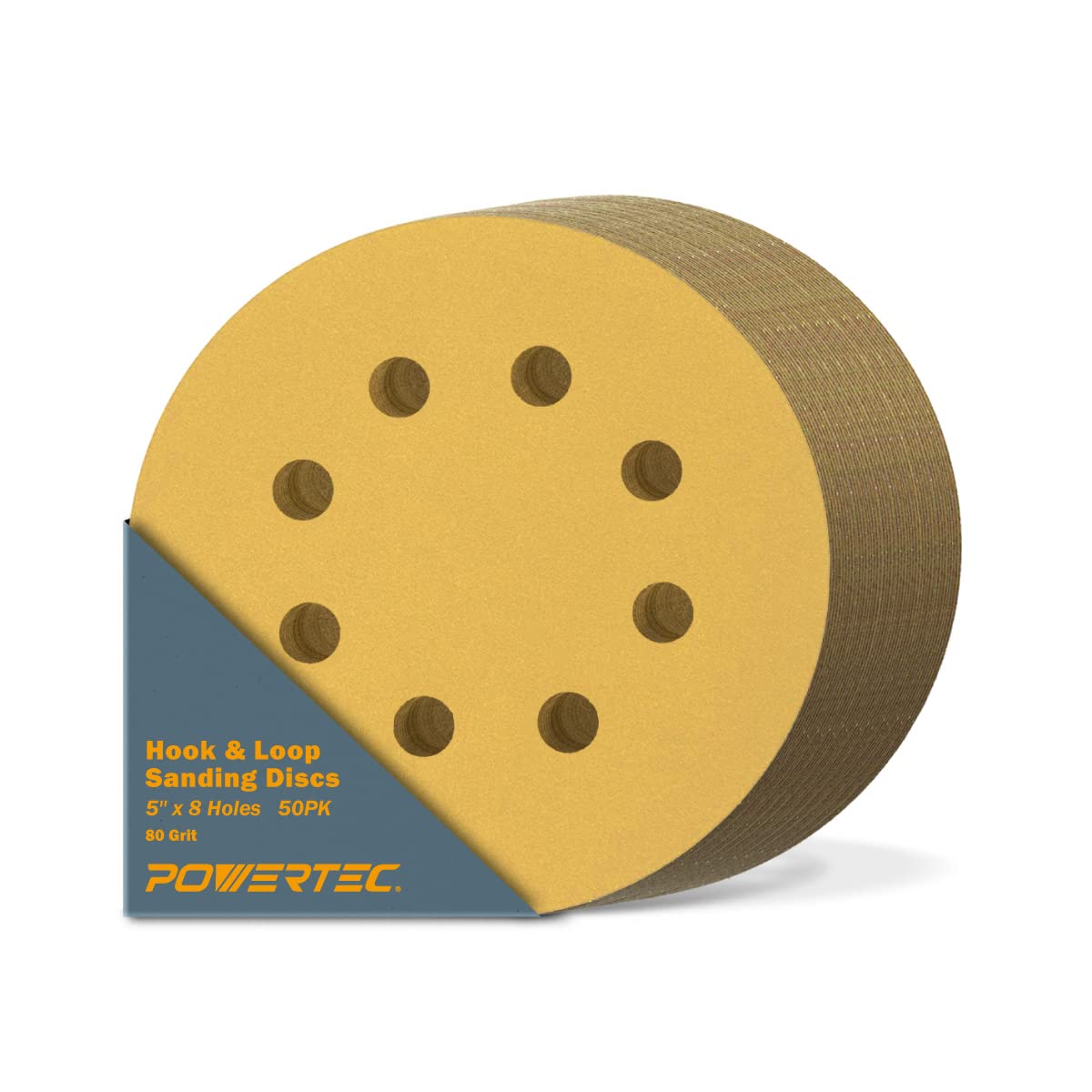 POWERTEC 50 discos de lijado de gancho y bucle de grano 80 de 5 pulgadas, 8 agujeros, almohadillas para orejas de lijado de 5 pulgadas para automóvil, paneles de yeso, carpintería con lijadora