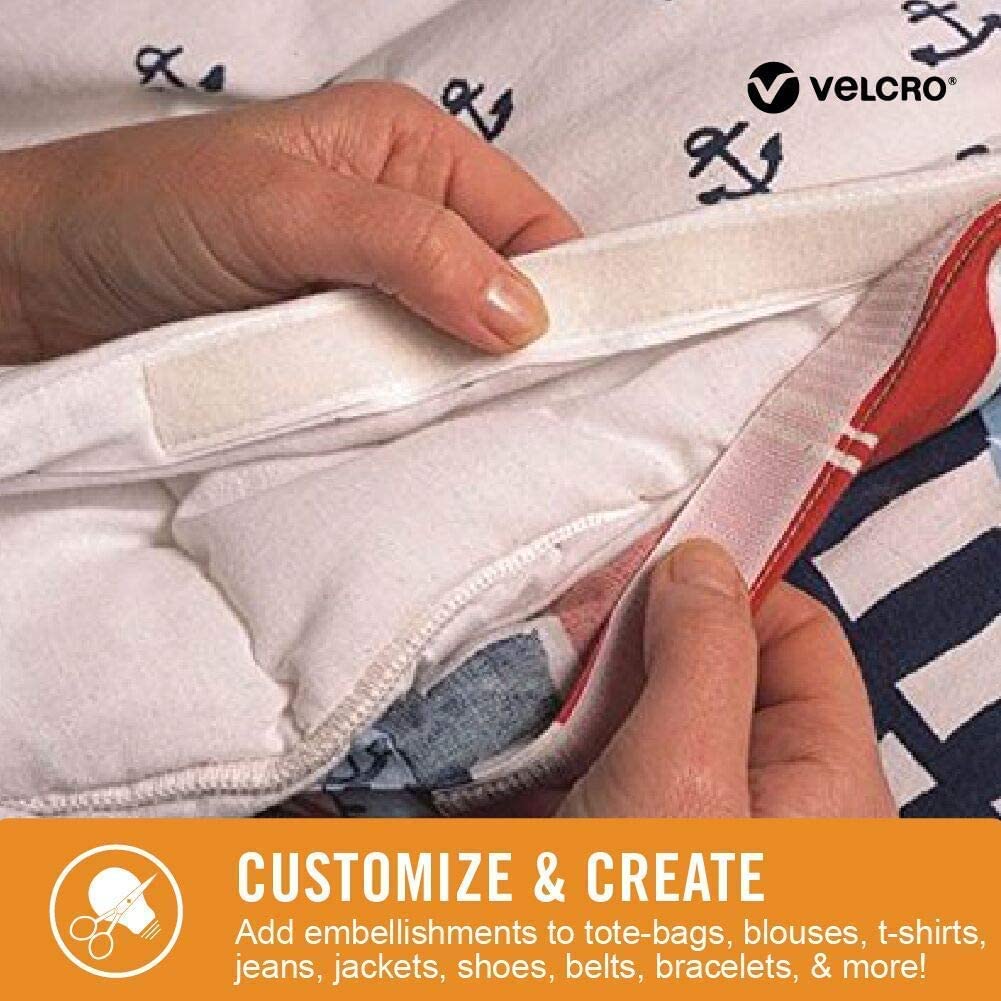 Cinta adhesiva de tela VELCRO, rollo a granel de 10 pies con calcomanía, tiras cortadas a la longitud, unión permanente a la ropa para dobladillo, reemplaza cremalleras y broches, color blanco