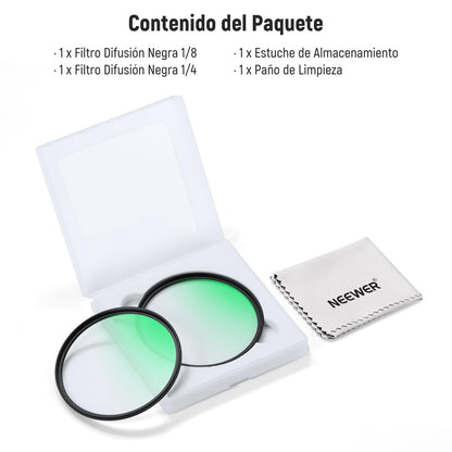 NEEWER Juego de 2 Filtros de Difusión Negra 1/4 y 1/8 de 49mm con Efecto Cinematográfico Nebuloso, Cristal Óptico Ultra Delgado con Múltiples Recubrimientos Nano para Vídeo, Vlog y Retratos