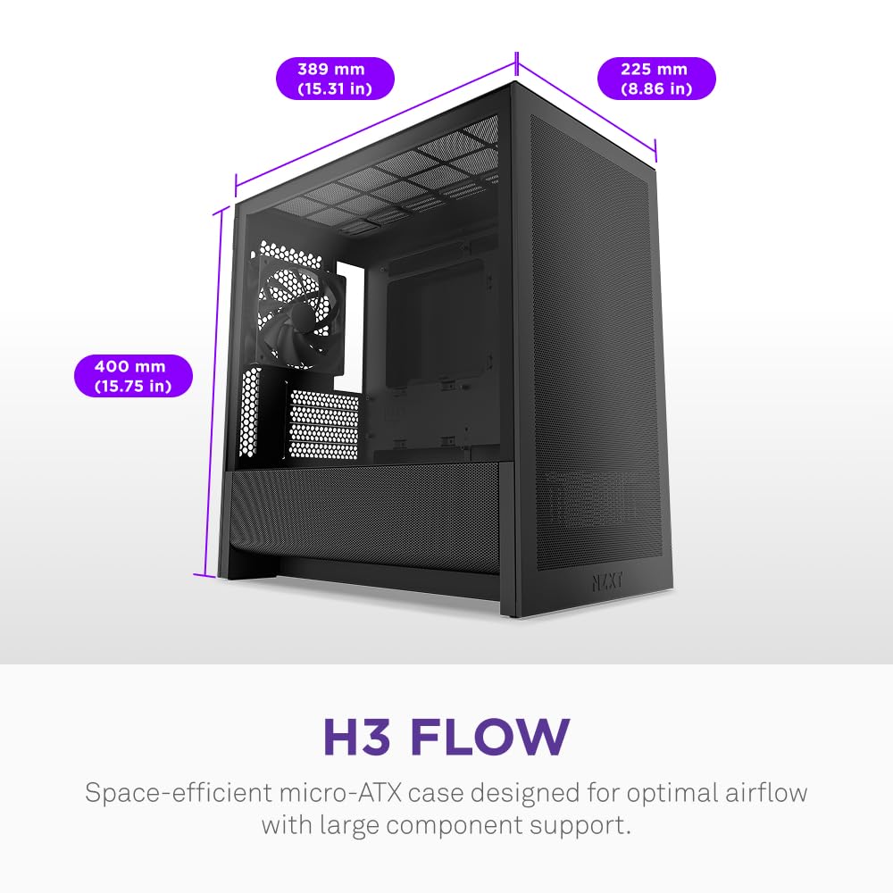 NZXT Gabinete H3 Flow Micro ATX – Flujo de Aire optimizado – Incluye 1 Ventilador Trasero de 120 mm – Compatible con GPU de tamaño Completo – Compatible con Frontal de 280 mm, radiador
