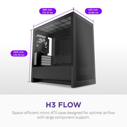 NZXT Gabinete H3 Flow Micro ATX – Flujo de Aire optimizado – Incluye 1 Ventilador Trasero de 120 mm – Compatible con GPU de tamaño Completo – Compatible con Frontal de 280 mm, radiador