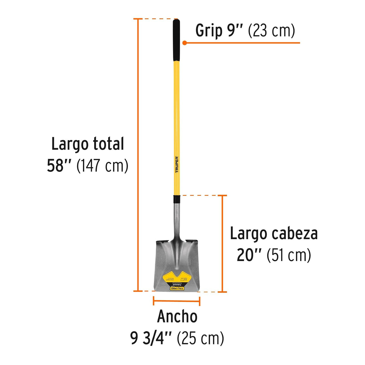 Truper PCL-F, Pala cuadrada mango largo, modelo fibra de vidrio, 58"