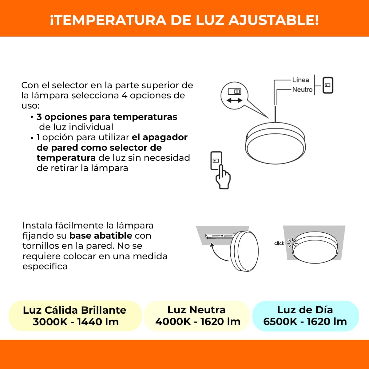 Tecnolite - Lámpara de Techo Plafón LED 18 W, Luz Blanca Ajustable, No atenuable