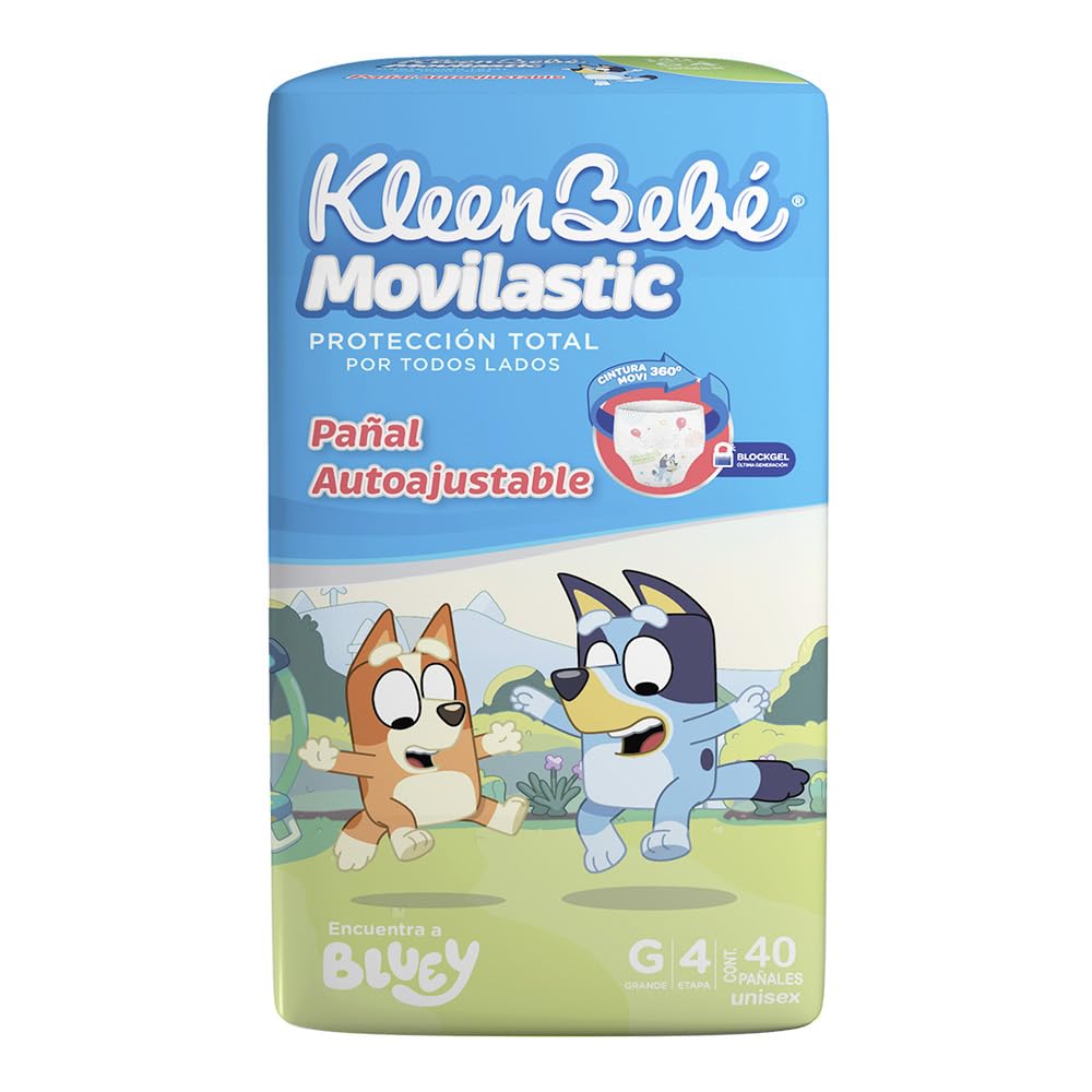 KleenBebé Movilastic Bluey Pañal Desechable para bebé, Talla Grande Unisex, Paquete con 40 Piezas, Ideal para Bebés de 9 a 12 kg