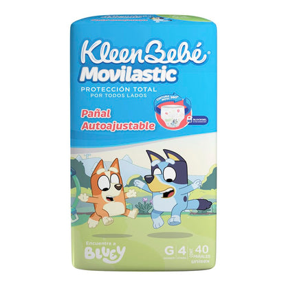 KleenBebé Movilastic Bluey Pañal Desechable para bebé, Talla Grande Unisex, Paquete con 40 Piezas, Ideal para Bebés de 9 a 12 kg