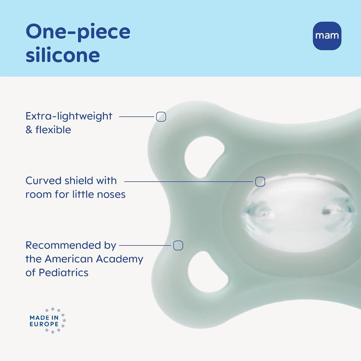 MAM Comfort - Chupones de silicona para bebés pequeños, ligeros de una sola pieza, para recién nacidos de 3 a 12 meses, sin BPA, fácil de limpiar, mejor para bebés lactantes, con estuche esterilizador