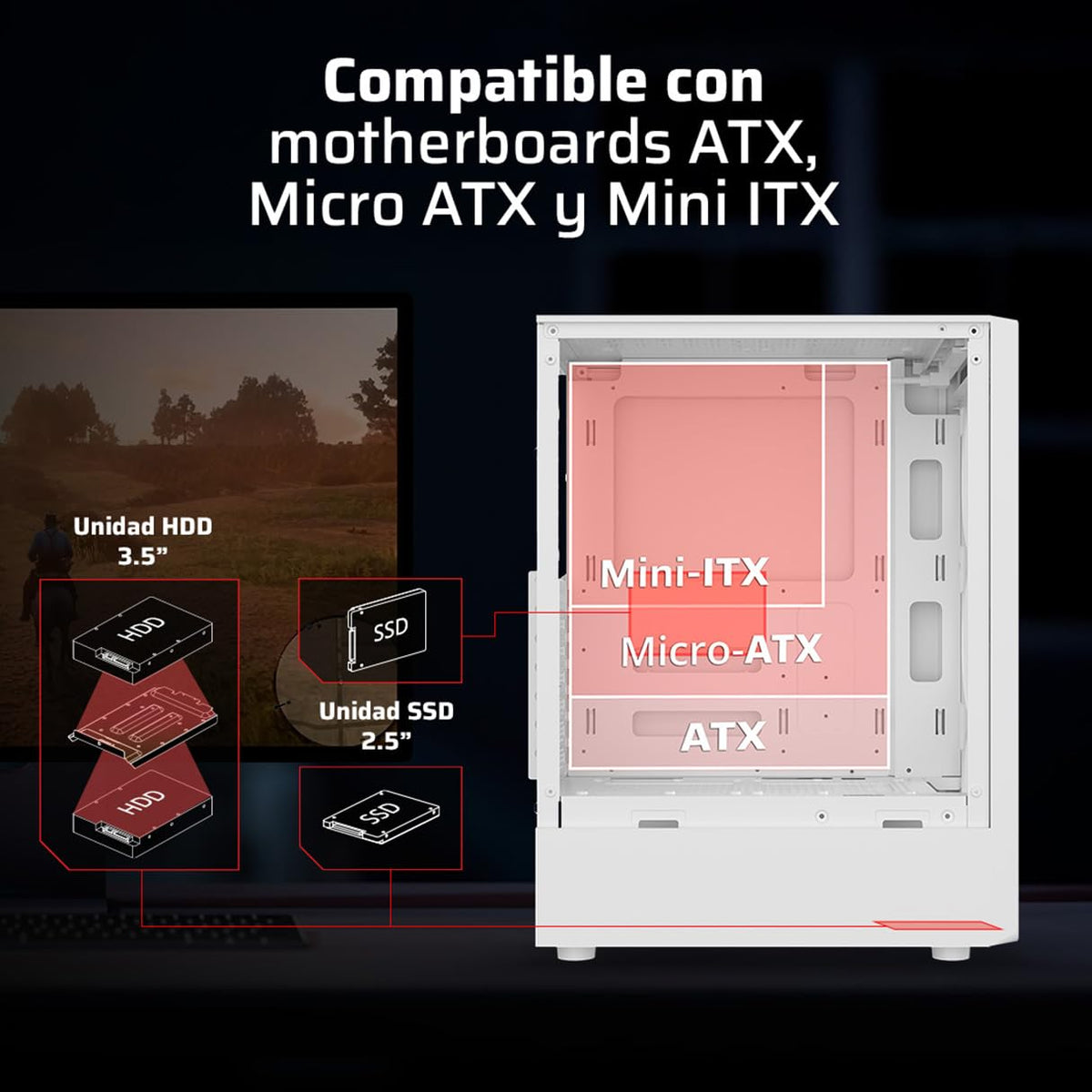 Balam Rush Gabinete Gamer Dragonfly Perform Aircool GM590AW ATX Media Torre 4 Fan RGB Cristal Templado USB 3.0 Blanco BR-935999
