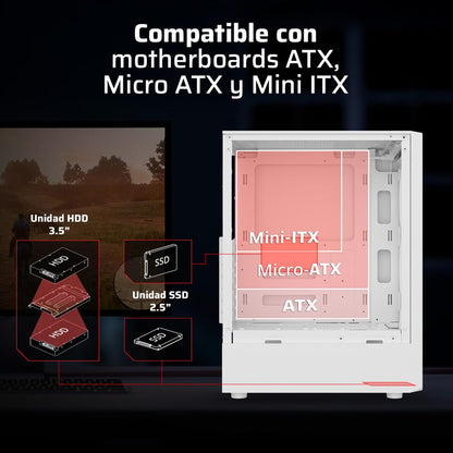 Balam Rush Gabinete Gamer Dragonfly Perform Aircool GM590AW ATX Media Torre 4 Fan RGB Cristal Templado USB 3.0 Blanco BR-935999