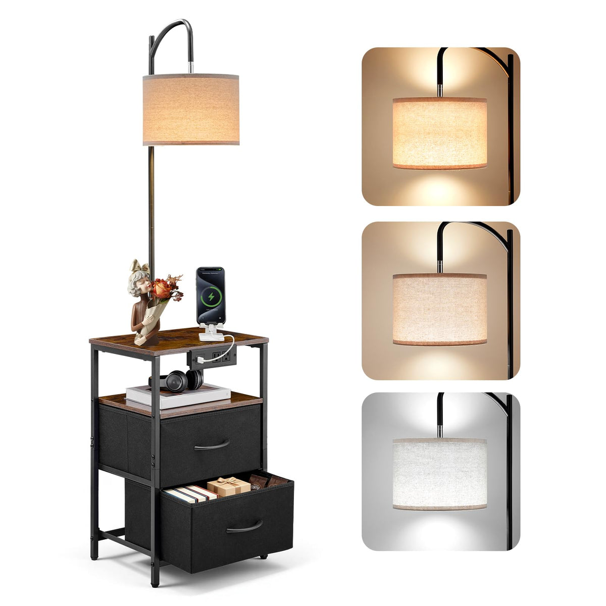 VEVOR Lámpara de Pie con Mesa, 2 Niveles, con 2 Cajones e Iluminación de 3 Temperaturas de Color, Mesita de Noche Moderna con Puerto de Carga USB, Tipo C y CA para Sala de Estar, Dormitorio - 2 Drawers