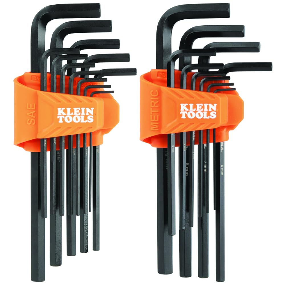KLEIN TOOLS LS22 Juego de llaves hexagonales largas de 22 piezas, SAE y métricas, tratado térmicamente, tamaño de llave estilo L de 1/16 pulgadas a 3/8 pulgadas y 1.5 a 10 mm