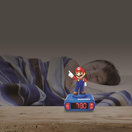 Lexibook Super Mario Despertador Nightlight RL800NI | Rojo/Azul, LCD retroiluminada, 6 sonidos y 6 melodías, repetición, batería AA