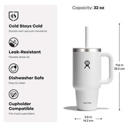 Hydro Flask Vaso de Viaje Aislado Marfil | 946 ml, con asa, tapa y popote, acero inoxidable