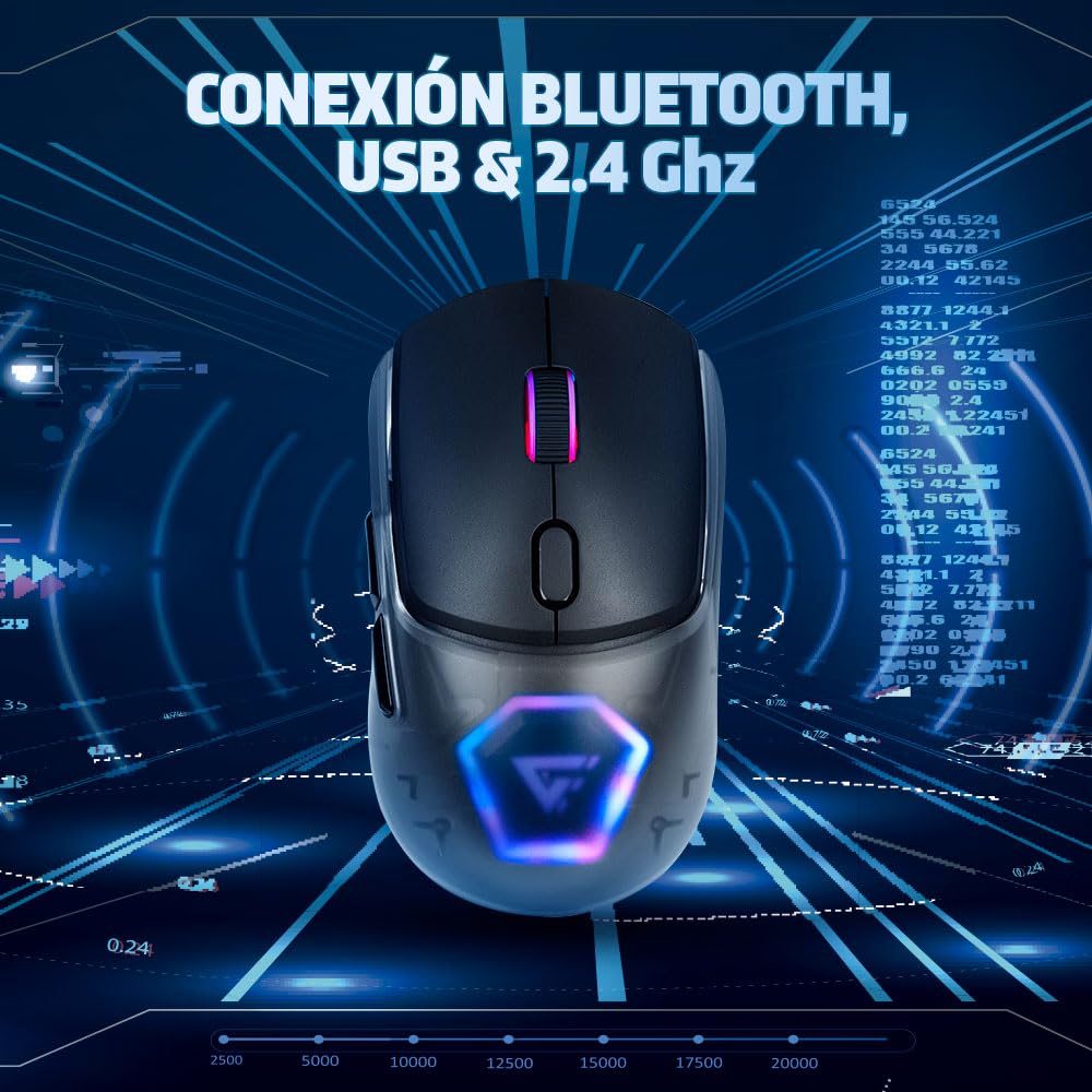 GAME FACTOR MOW700-BK Mouse Inalámbrico Gaming, Multiconectividad 2.4GHz y Bluetooth, Sensor Pixart 3395, 26,000 dpi, RGB, Carcasas Intercambiables, Batería Recargable, Compatible con PC y Laptops