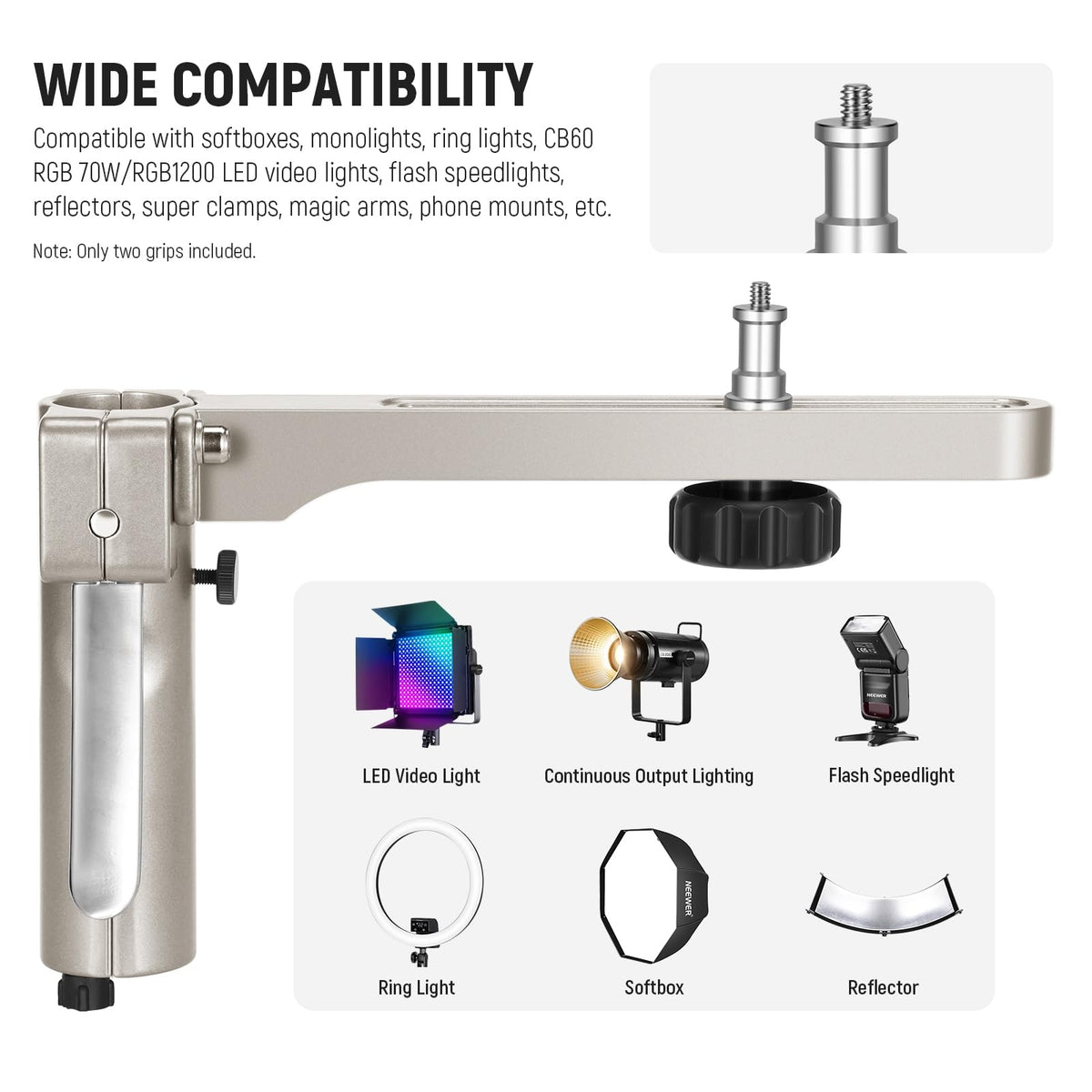 NEEWER - Soporte de luz de acero inoxidable de 198 cm, soporte de trípode resistente con ruedas giratorias, 2 brazos deslizantes con agarre de pistola, pata plegable para fotografía Softbox Monolight,