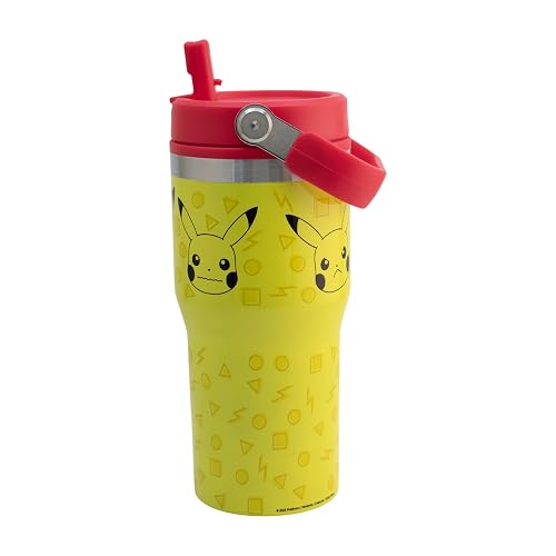 Funkids - Termo doble pared, con asa superior Pokemon 650ML. | Diseño Pikachu, amarillo vibrante, asa roja ergonómica